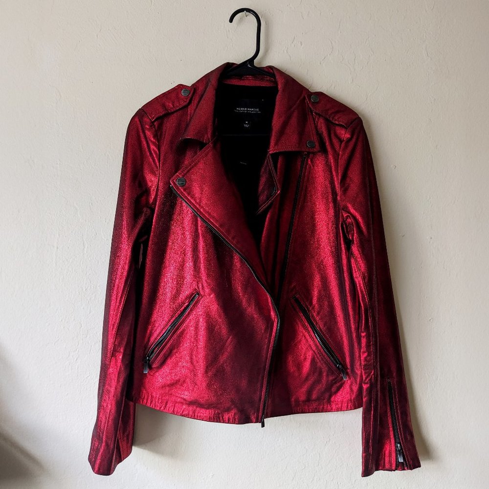 Red Metallic Foil Leather Moto Jacket